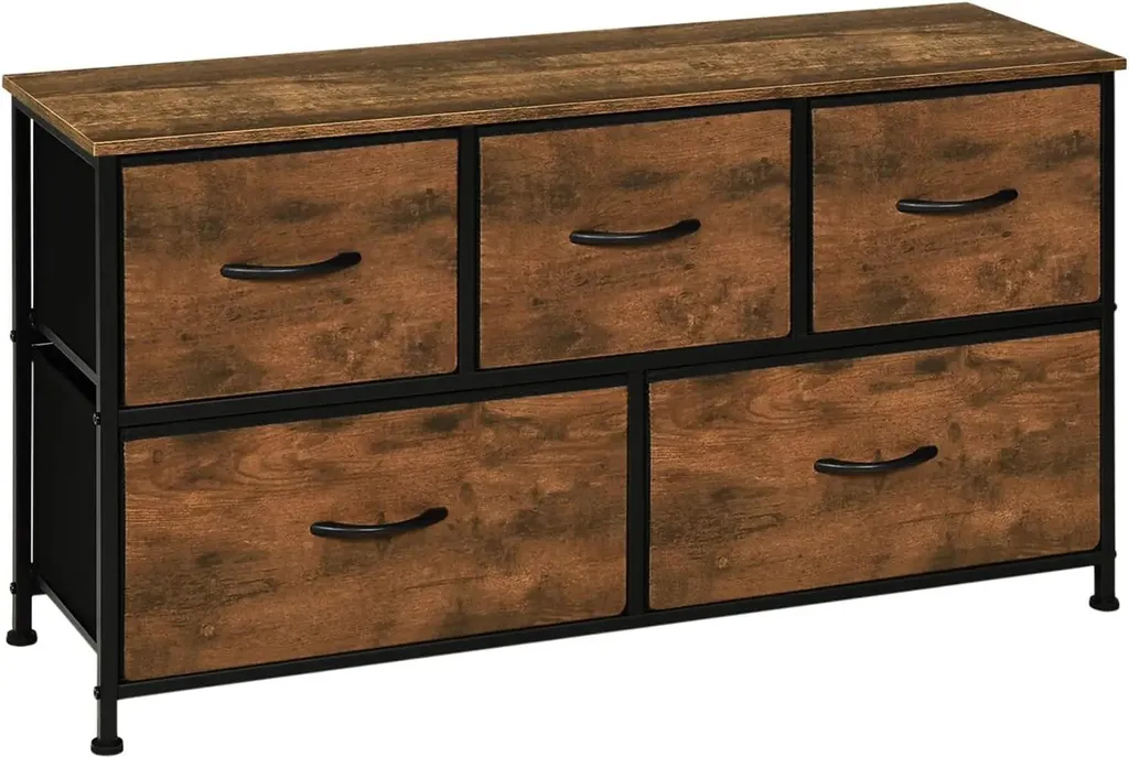Buffet TV Rouge Vin 5 Tiroirs 100x54cm - Commode Métal et Tissu Moderne