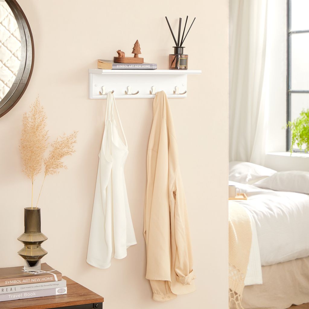 SONGMICS Wandgarderobe, Flurgarderobe, mit 4 Doppelhaken, mit Ablage, Garderobenhaken, für Badezimmer, Wohnzimmer, Küche, weiß LHR42WT