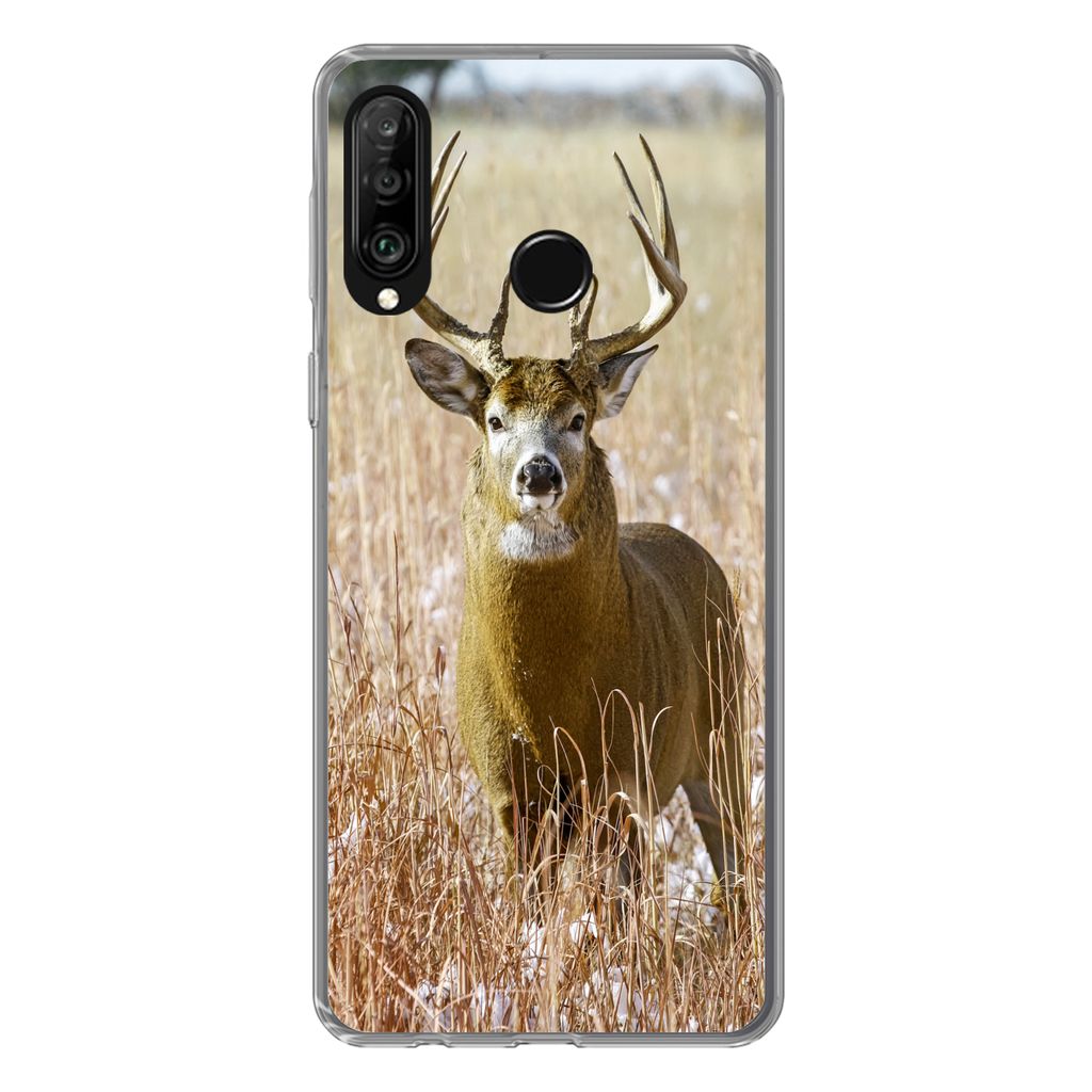 MuchoWow Handyhülle Schutzhülle Hülle für Huawei P30 Lite Hirsche - Gras - Herbst - Tiere - Natur - Geweih Silikon Softcase Handy Hülle - Ha...