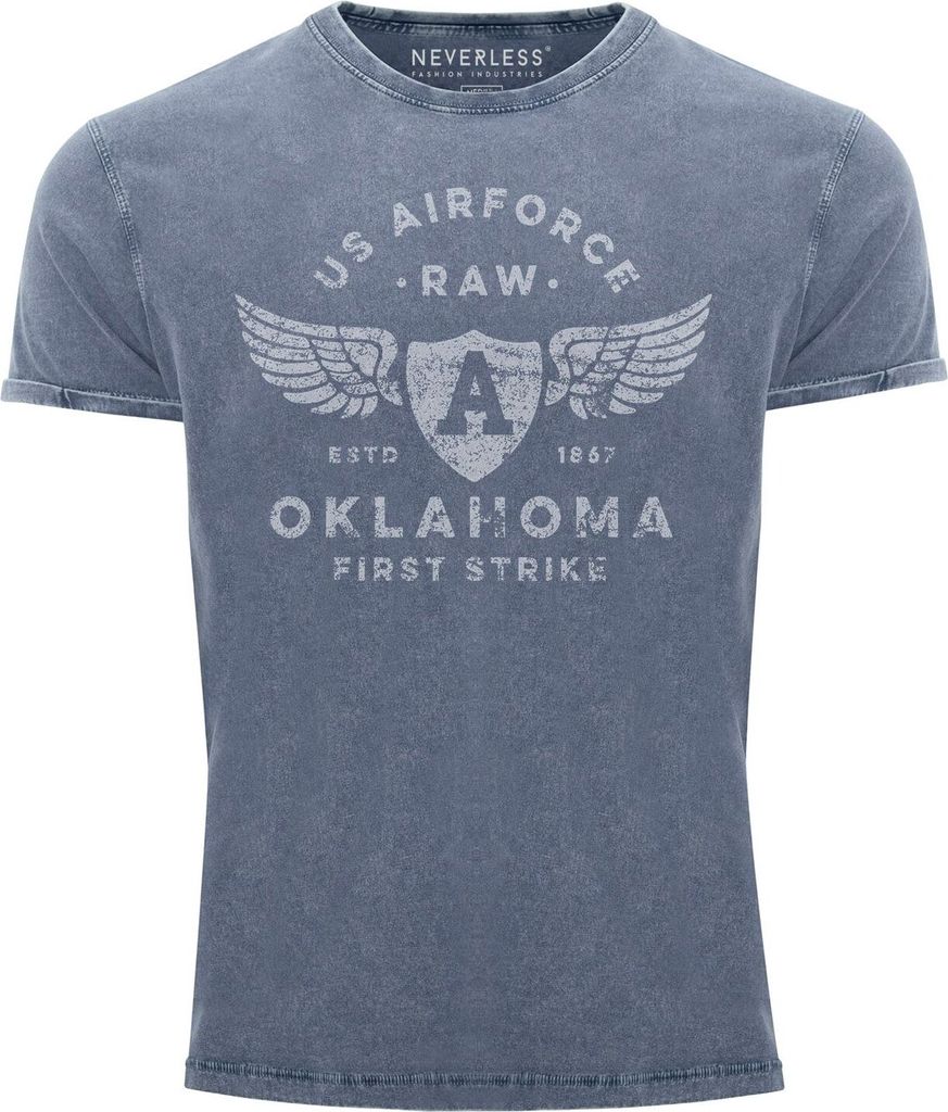 Herren Vintage Shirt Print US Airforce Oklahoma Aviator Used Look Slim Fit Neverless blau 3XL