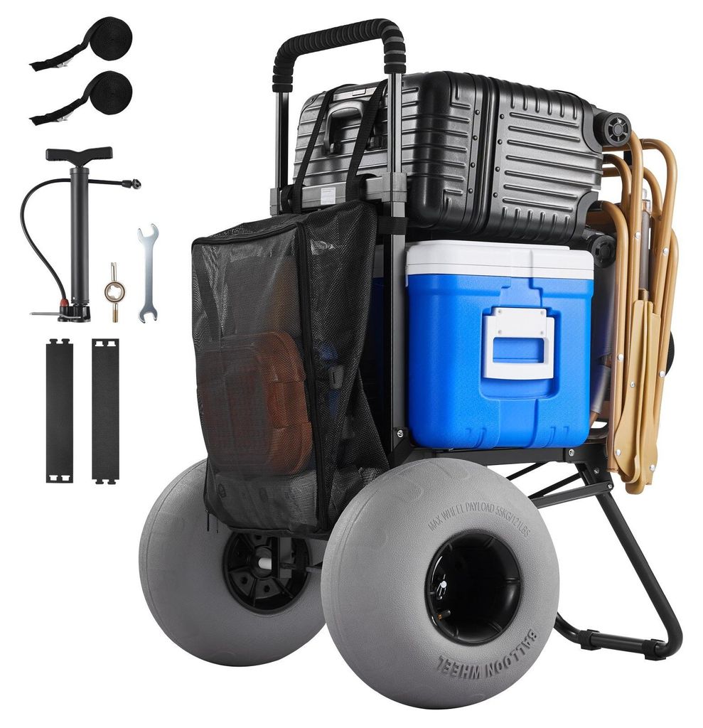 Strandwagen - Faltbarer Bollerwagen - Ballonreifen 30,5 cm - Verstellbarer Schaumstoffgriff 4-stufig - Pumpe inklusive - Traglast 75 kg - Für Stra...