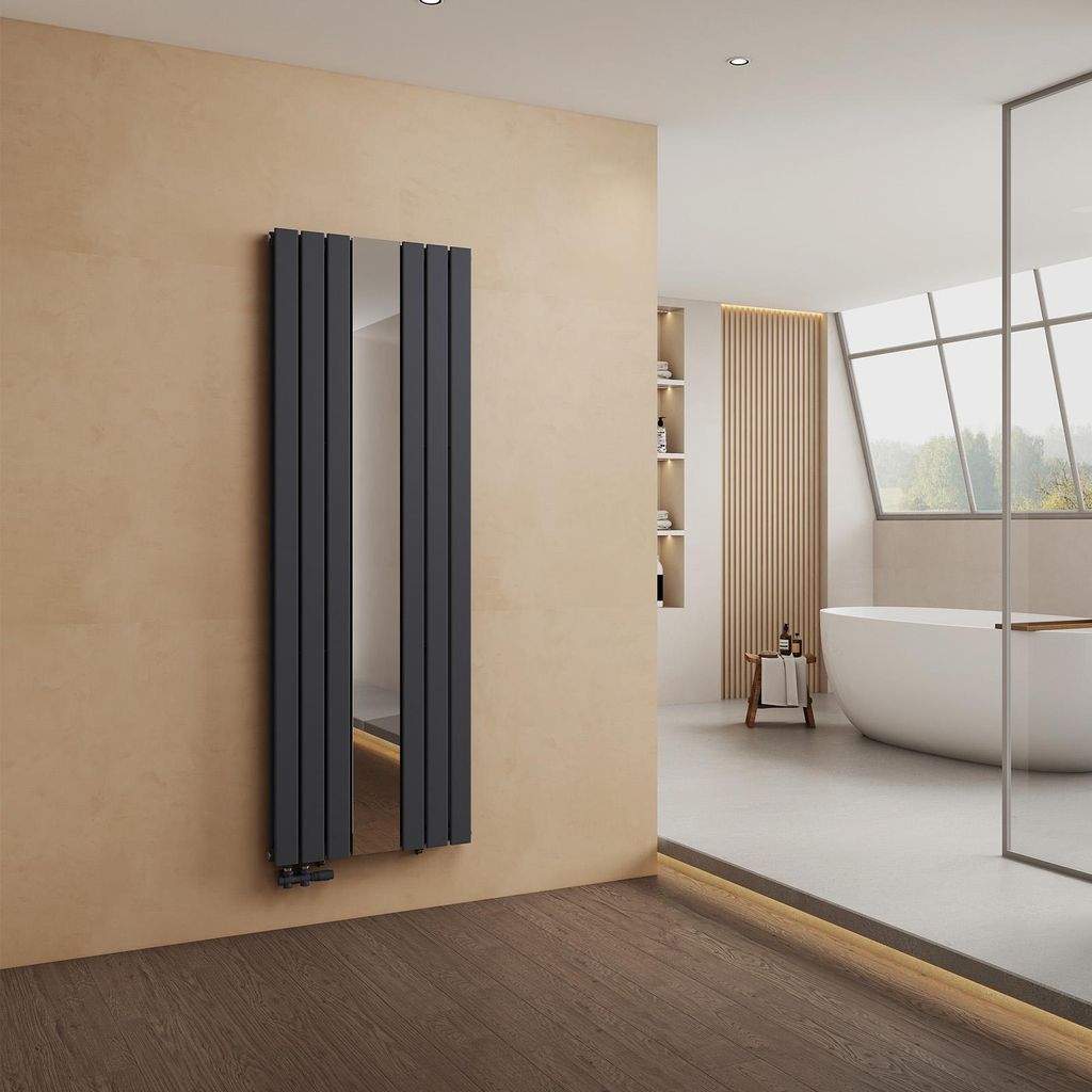 EMKE Designheizkörper mit Spiegel Vertikal 1800x608 mm, Badheizkörper Warmwasser 1788W, Paneelheizkörper Doppellagig, Wandheizkörper Anthrazit