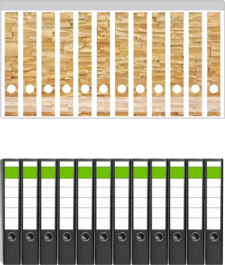 Wallario 12 Stück schmale Ordner inkl. Klebeetiketten mit Motive Steinwand gelb-orange - Set mit Rückenschildern / Ordnerrücken Stickern