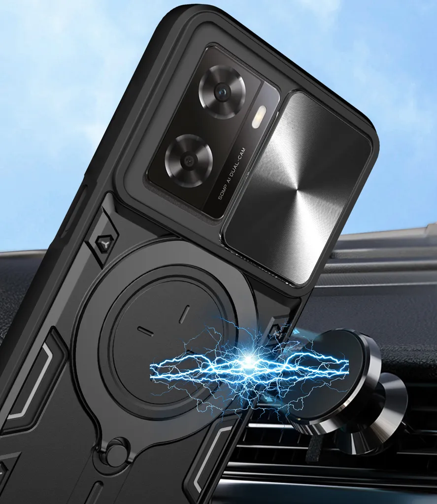 JIAFEI Custodia Per Oppo A57 4G/5G, A57S, A77 4G/5G, Con Protezione Fotocamera, Anello Metallico 360° E Supporto Magnetico, Militare Antiurto, Nero