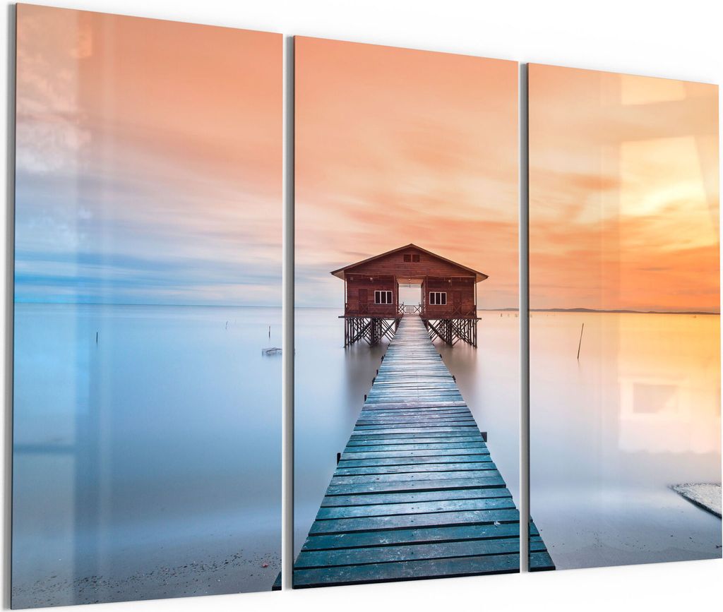 DEQORI Glasbild Echtglas 3x50x100 cm 'Holzsteg mit Hütte' Wandbilder XXL groß