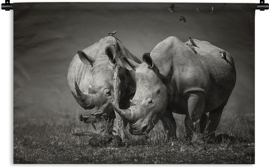 MuchoWow Wandteppich Wandbehang Nashorn - Vogel - Tiere - Landschaft - Schwarz und weiß 60x40 cm Tapisserie Dekoration Wandtuch - Wanddekorationen