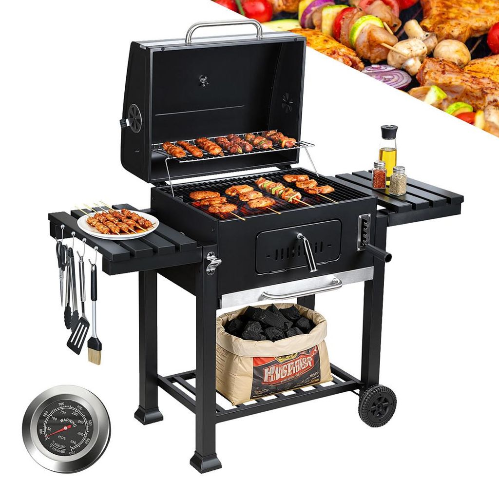 Faziango Holzkohlegrill Grillwagen Temperaturanzeige Standgrill mit zwei klappbaren Seitenablagen, Schwarz