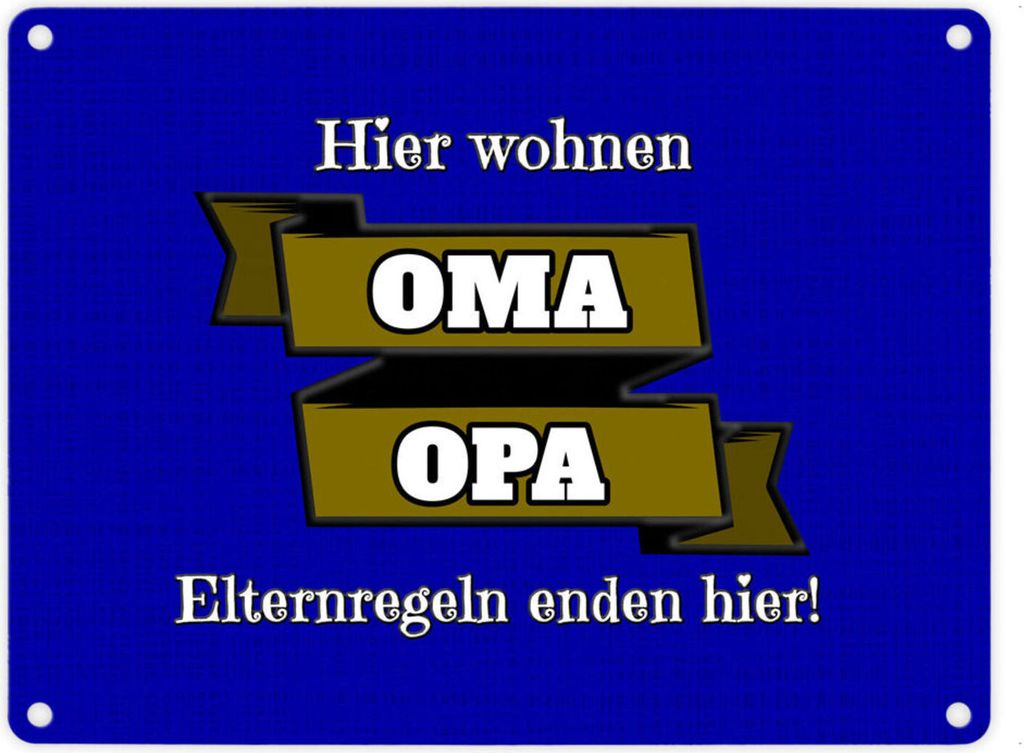 Metallschild in 15x20 cm Hier wohnen Oma & Opa mit Stoffoptik in blau und