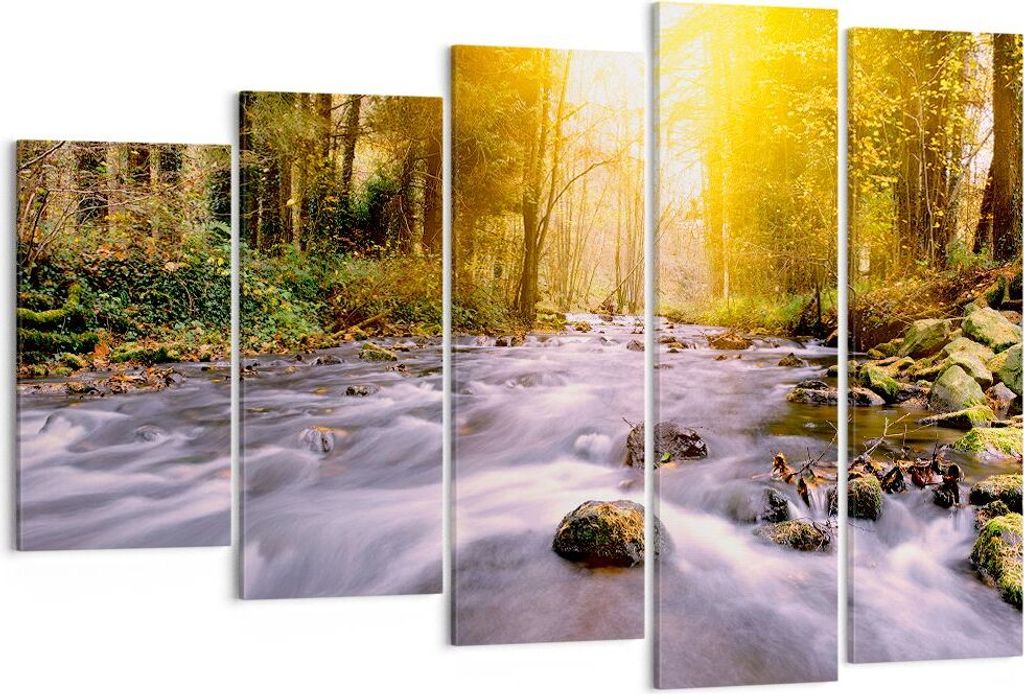 Bild auf Leinwand - Leinwandbild - Herbst Wald Berg Fluss - 150x100cm - Wand Bild - Wanddeko - Leinwanddruck - Bilder - Kunstdruck - Wanddekoration...