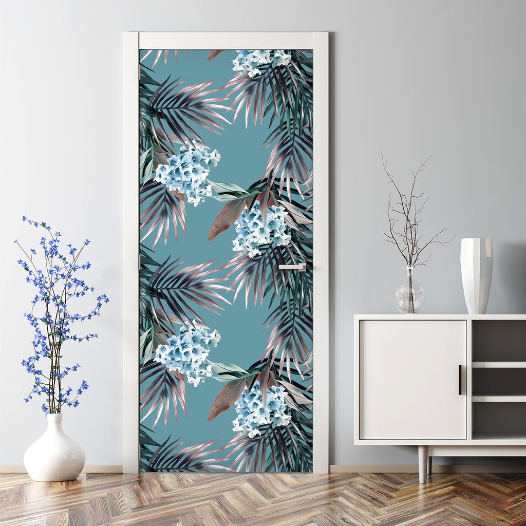 Dekorative Türtapete selbstklebend Klebefolie Türposter Türaufkleber Palmblätter Blüten 85 x 200 cm