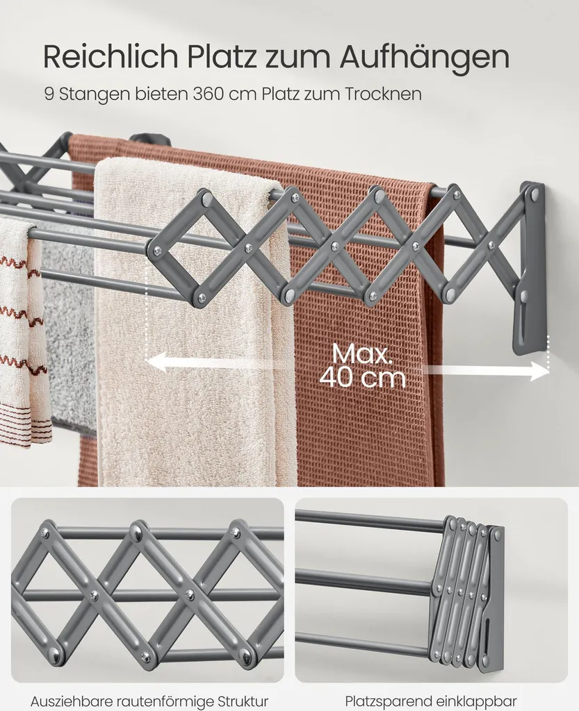Séchoir à linge gris tourterelle extensible de 110cm à 180cm robuste