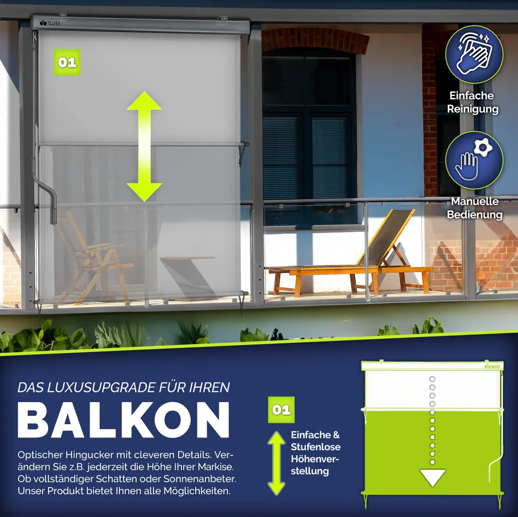 tillvex® Tenda verticale 160x250 cm Grigio per esterni e interni | Tenda a rullo per esterni impermeabile con manovella per balcone, terrazza e giardino | Tenda a rullo per balcone protezione solare in alluminio | Tenda a rullo protezione privacy - 2