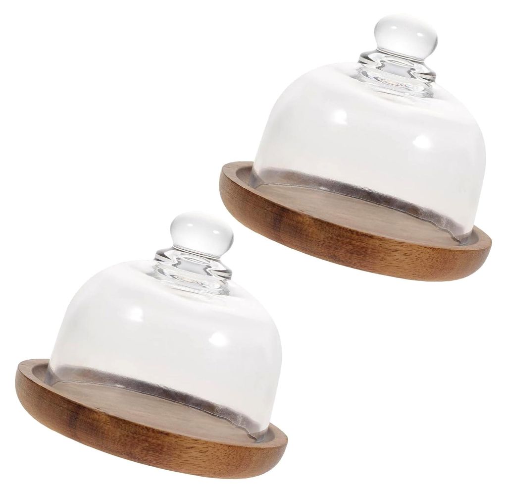 2 Stück Kleine Dessert-Präsentationsplatten aus Glas und Holz mit Glasabdeckung für Buffet und Feierlichkeiten, stabiles Design und große Kapaz...