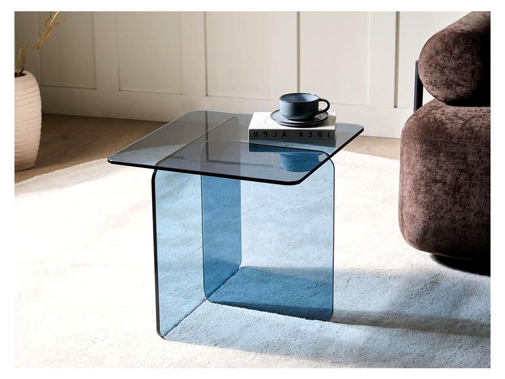 Beistelltisch quadratisch aus blauem Rauchglas 50x50 cm, 46 cm hoch