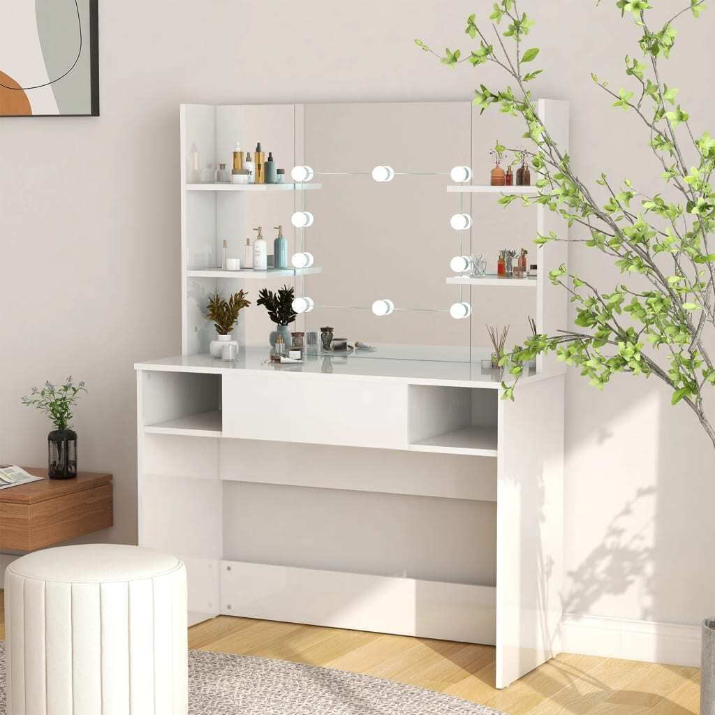 The Living Store Schminktisch LED-Beleuchtung 100x40x135 cm MDF Glänzendes Weiß