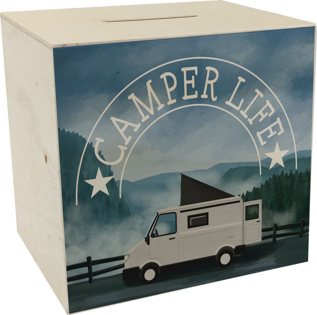 Camper Life mit Campervan Spardose aus Holz Produktbild 