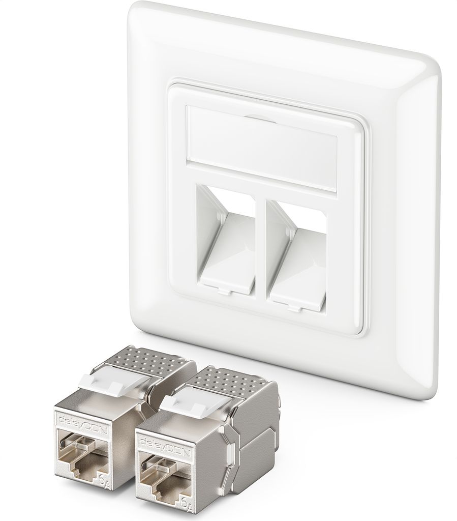 deleyCON Keystone Dose Netzwerkdose Datendose Unterputz 2X CAT 6a Keystone Jack Modul RJ45 Buchse CAT Netzwerk Verlegekabel vollgeschirmt Uni Weiß