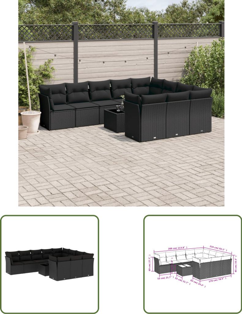 The Living Store 11-tlg. Garten-Sofagarnitur mit Kissen Schwarz Poly Rattan