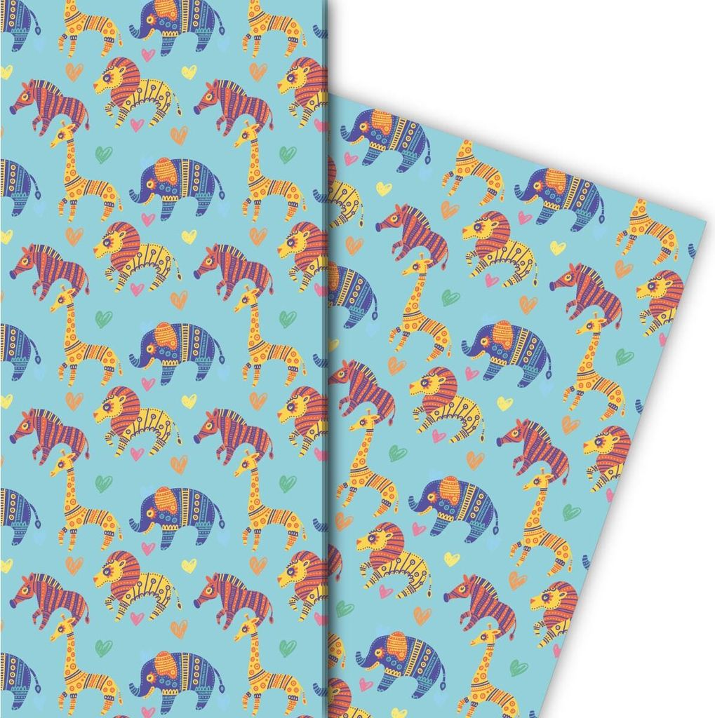 Schönes Kinder Geschenkpapier mit ethno Tieren auf hellblau - G7578, 32 x 48cm