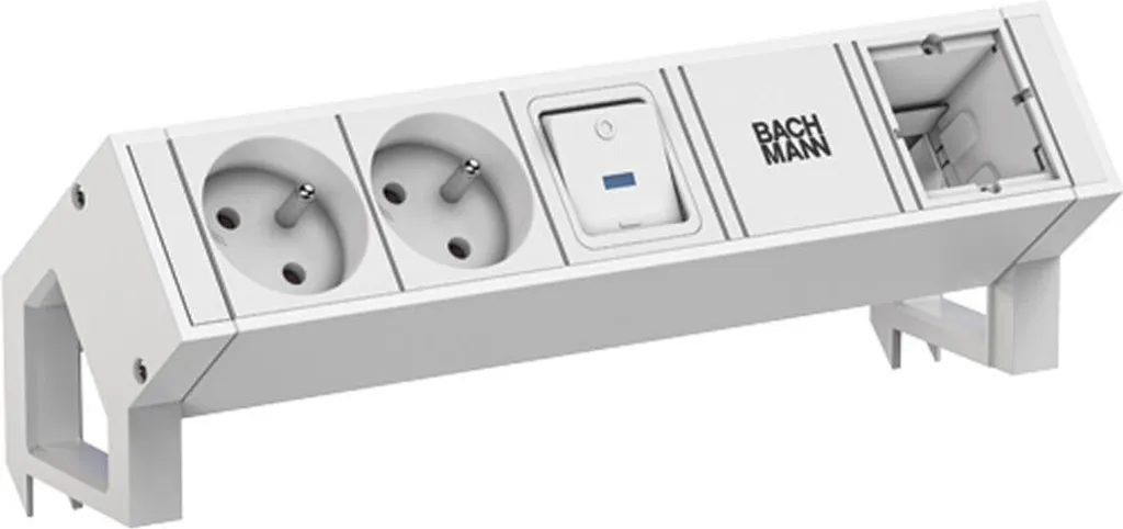 Bloc Prise BACHMANN DESK2 Design Blanc RAL9010 2xUTE avec Bouton CM