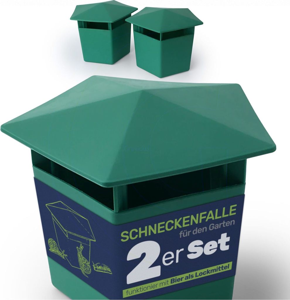 Two green snail traps with a label on the front of one.