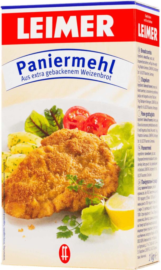 A box of Leimer breadcrumbs with a picture of a prepared dish.