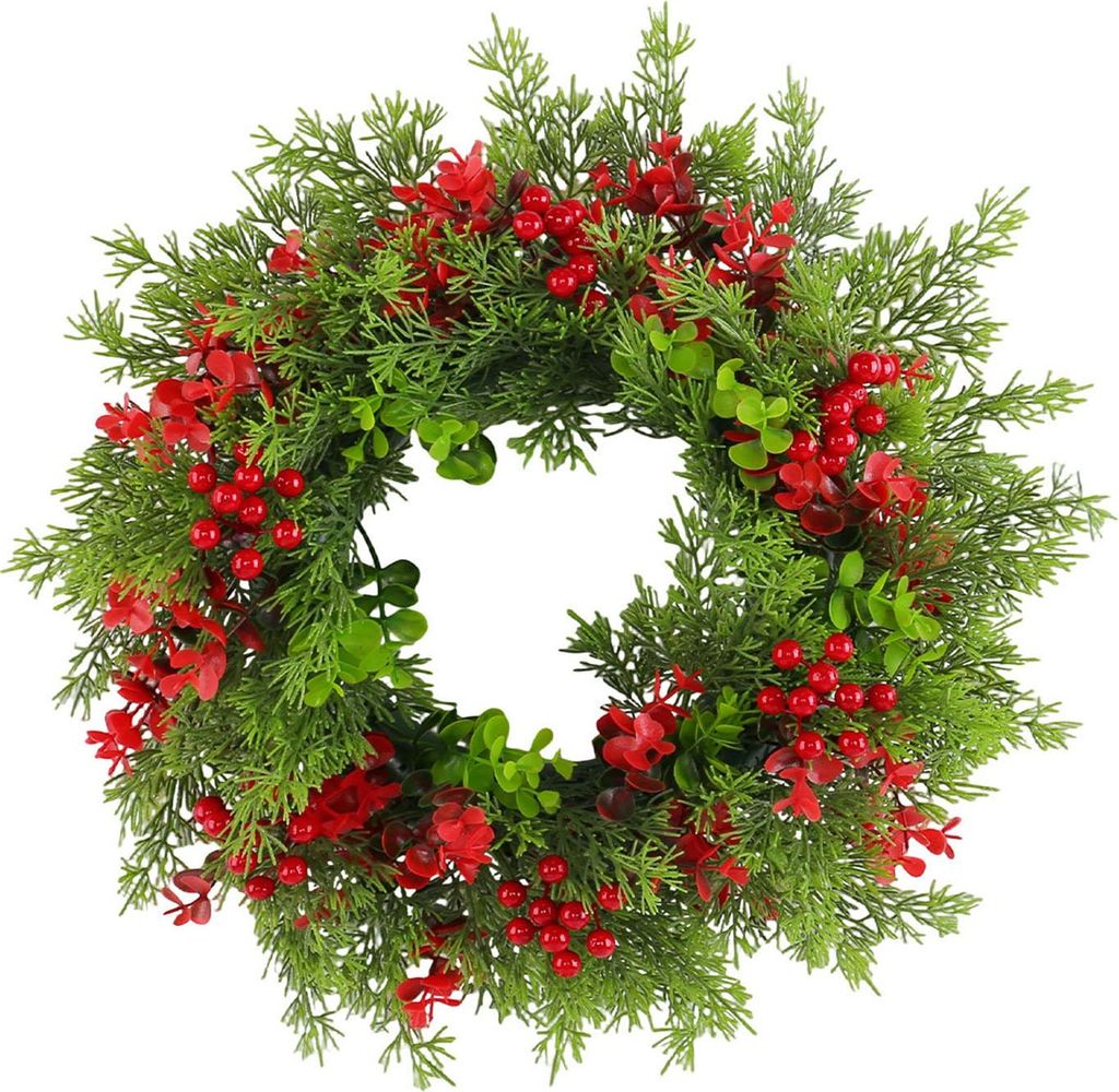 16-Zoll-Weihnachtskranz mit roten Beeren, künstlicher Eukalyptus- und Zedernblattkranz für die festliche Haustürwanddekoration