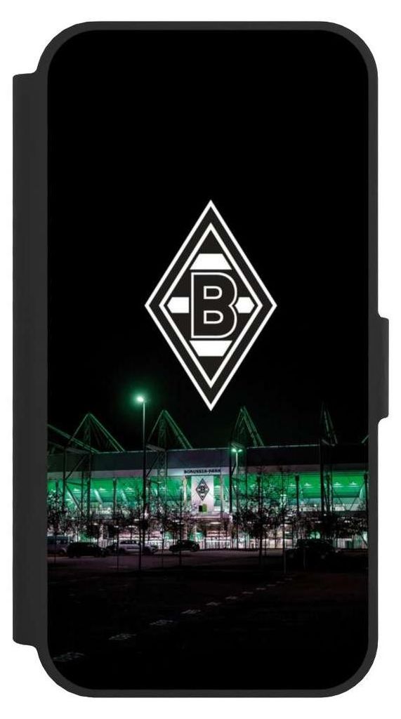 NIVOCASE Klapphülle für Apple iPhone 16e Handyhülle aus Kunst Leder NIVOflip schwarz Borussia Mönchengladbach Offizielles Lizenzprodukt Stadion