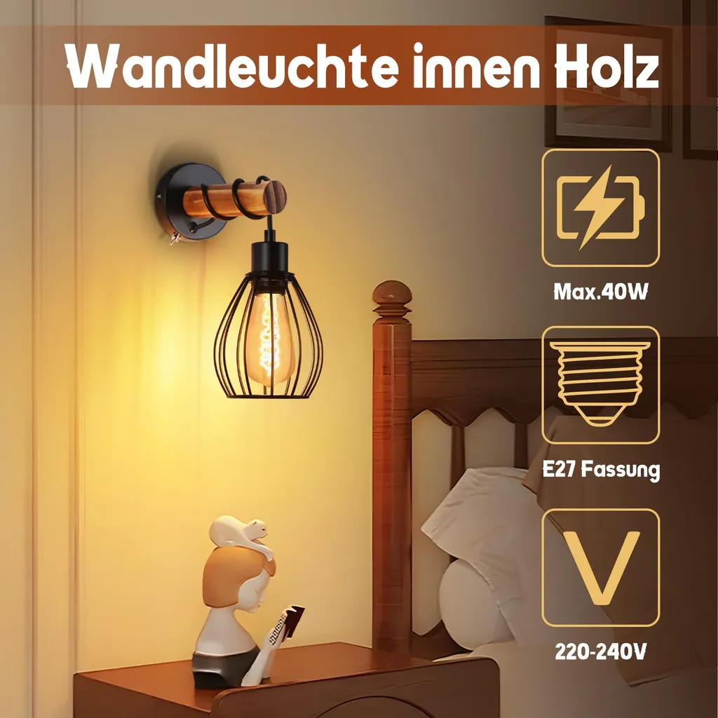 Applique Industriale ZMH con Interruttore - Lampada Letto Legno E27 - 4