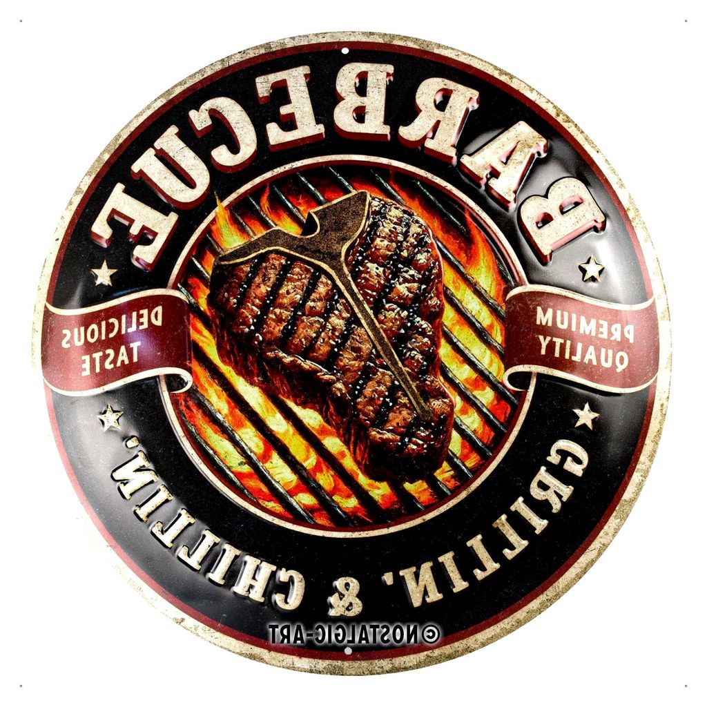 Retro Blechschild, Ø 35 cm, Barbecue – Grillin' & Chillin' – Geschenk-Idee für Grill-Fans, aus Metall, Vintage Design mit Spruch, Blechschild...