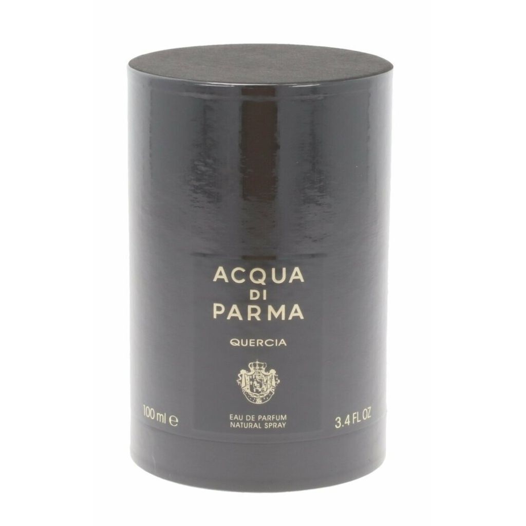 A cylindrical black bottle of Acqua di Parma Quercia Eau de Parfum against a white background.
