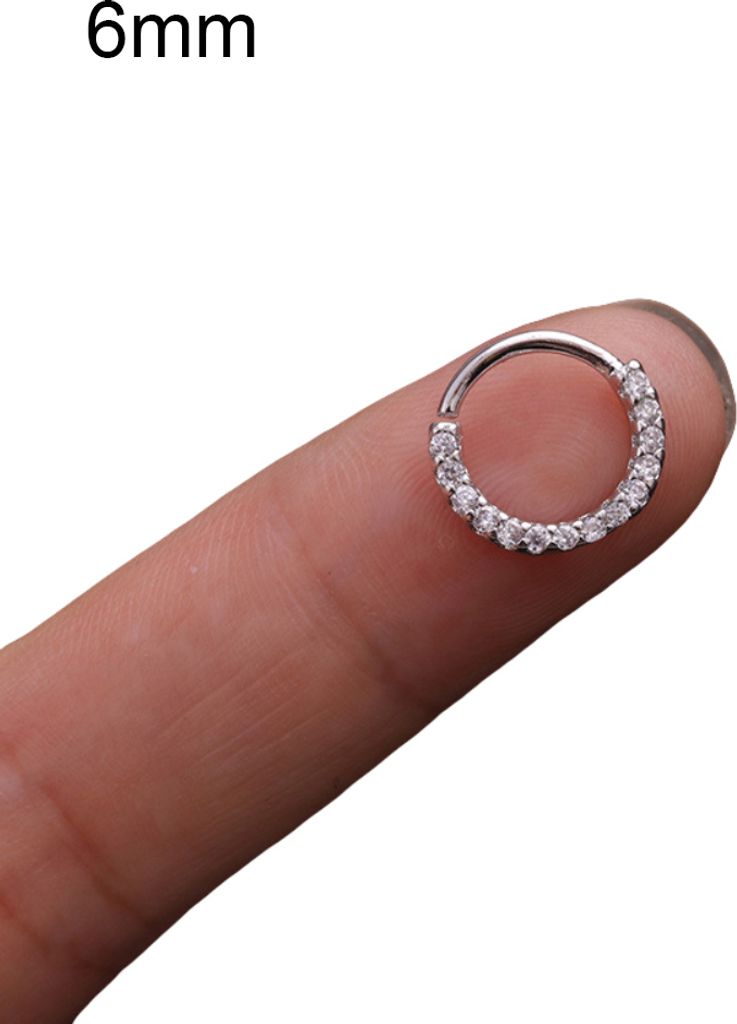 1 Stück Damen-Cubikzirkonia-Intarsien-Reifen-Nasenring, Huggie-Ohrring, Piercing-Schmuck-Obermaterial aus Strasssteinen – Silber,6mm