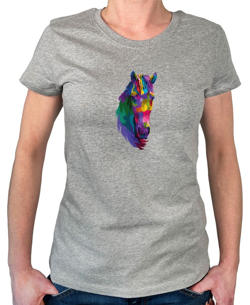 Huuraa Damen T-Shirt Pferdekopf Colorful XL Sport Grey Bio Baumwolle Fairtrade Damenshirt Geschenkidee