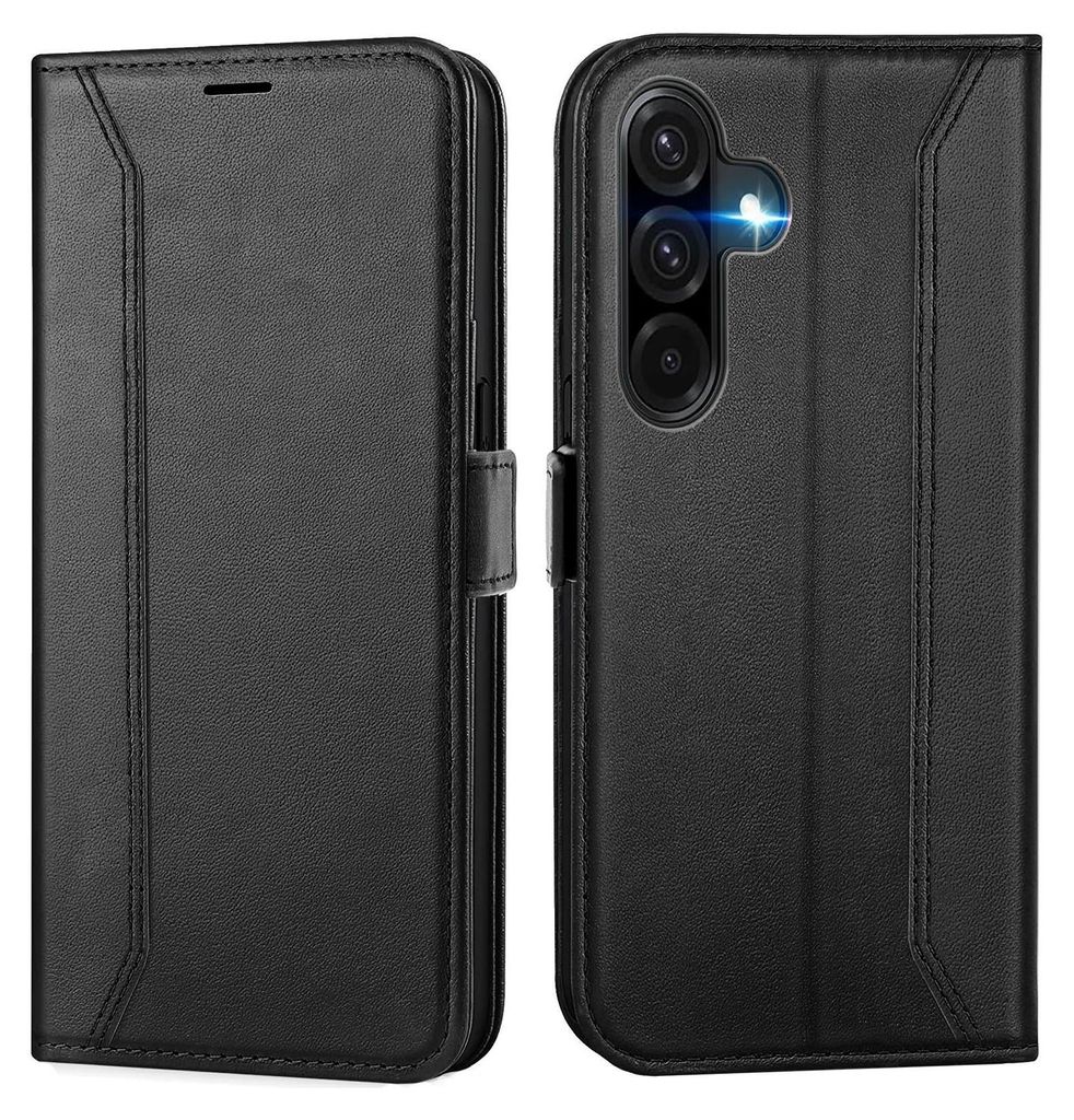A black flip case for a Samsung Galaxy phone is shown from the front and back.