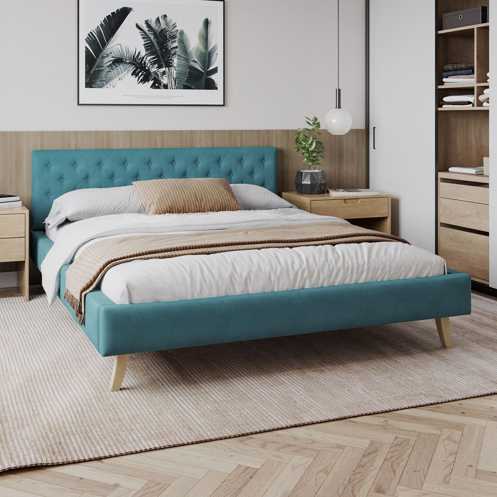FDM Bett ZUZA 120x200 cm Polsterbett mit Lattenrost aus Holz Samt Trinity türkis