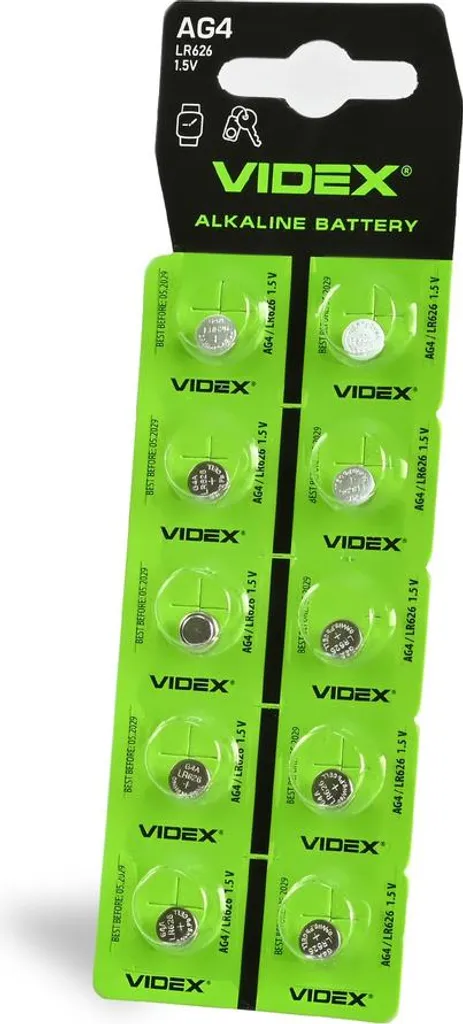 Pile alcaline AG4 LR626 Videx bouton 1.5V pour montre, blister de 10