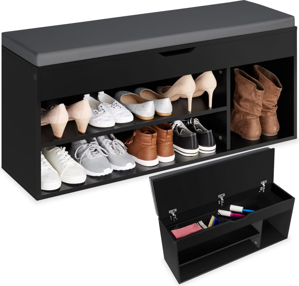 A black shoe bench with a gray upholstered top, displaying various shoes on its shelves. A separate inset image shows the interior storage compartment of the bench.