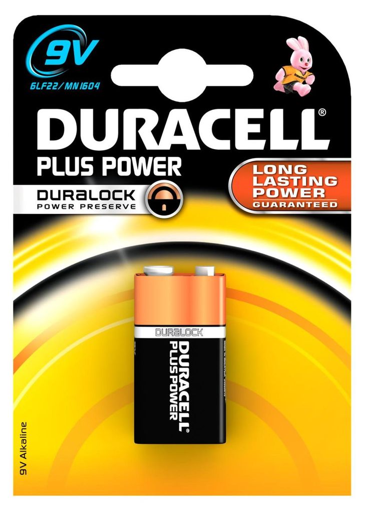A Duracell Plus Power 9V alkaline battery in its retail packaging.