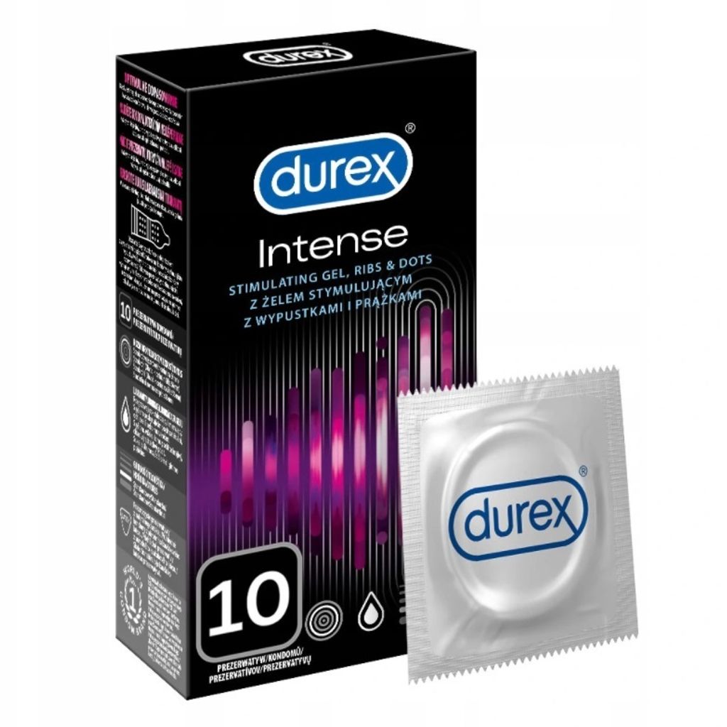 A box of Durex Intense condoms and one individual condom wrapper.