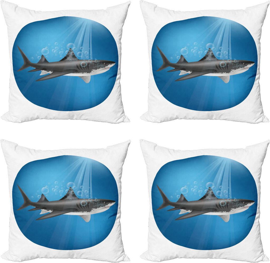 ABAKUHAUS Hai Kissenbezug Set (4 Stück), Shark Underwater Hunter, Moderner Doppelseitiger Digitaldruck, 60 cm x 60 cm, Blau grau