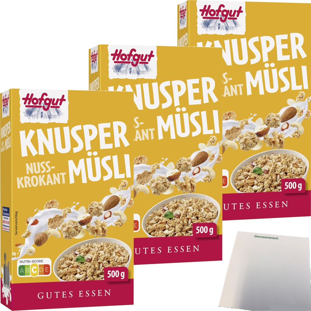 Hofgut Müsli Knusper Nuss Krokant 3er Pack (3x500g Packung) + usy Block