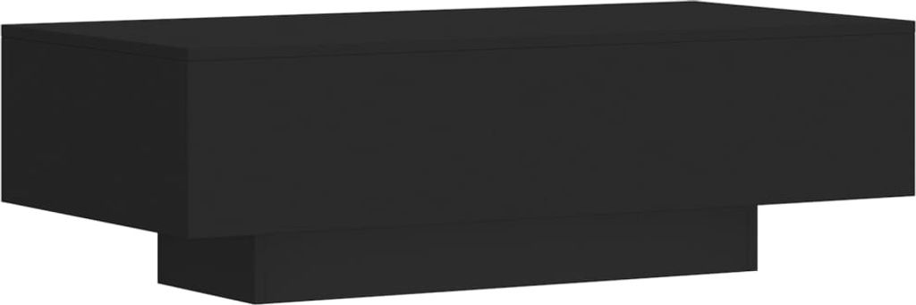 A black, rectangular coffee table with a unique, offset base, presented against a white background.
