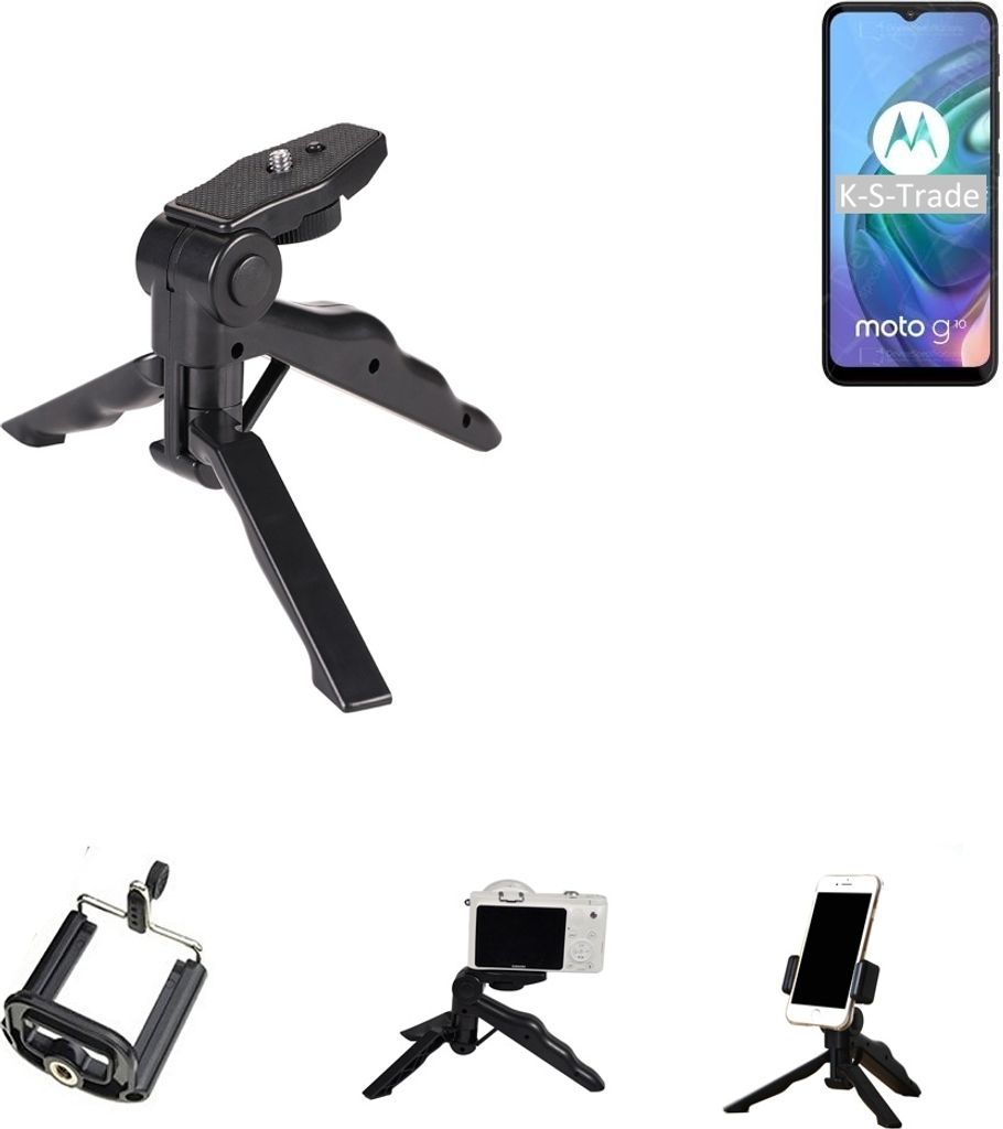 K-S-Trade Stativ Tisch-Ständer Dreibein Handy-Stativ Ständer kompatibel mit Motorola Moto G10 Mini-Stativ Smartphone Tripod Handy-Stativ aus Plastik
