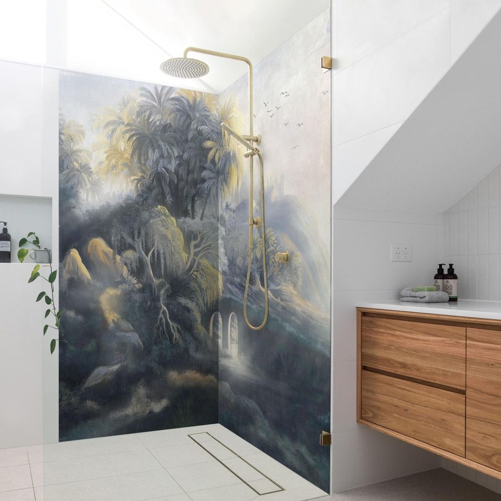 Duschrückwand Wald selbstklebend - 0.35 mm Wandpaneel wasserfest Dschungel grün Tropisch Badrückwand fugenlos Smart matt 110x200 cm