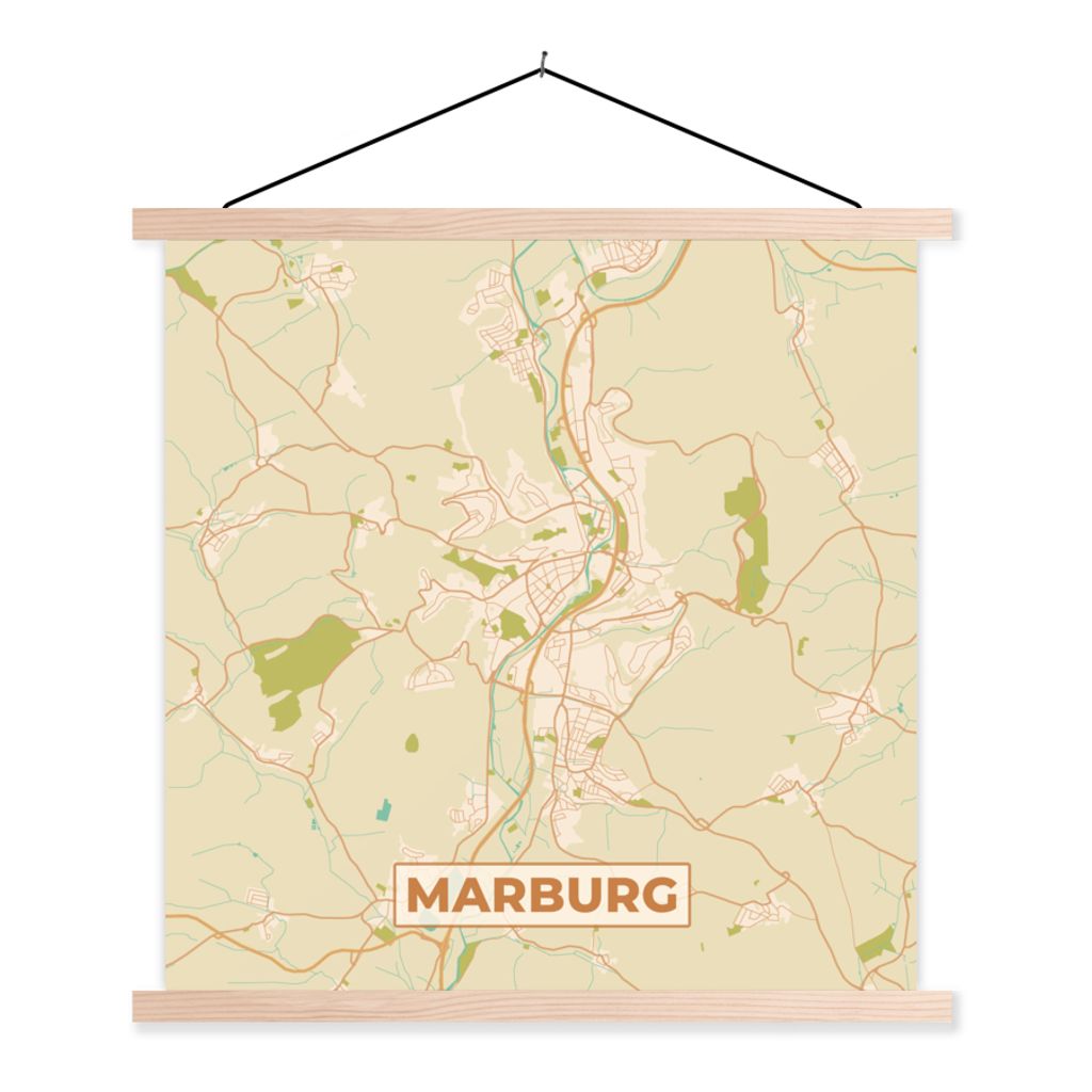 MuchoWow Textilposter Marburg - Jahrgang - Karte - Stadtplan 60x60 cm mit holzfarbenen Rahmen - Wanddekoration