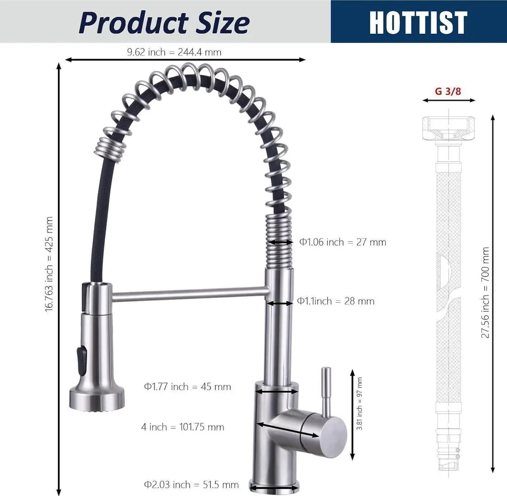 Rubinetto Cucina Acciaio Inox 304 Spazzolato Doccetta Professionale - 3