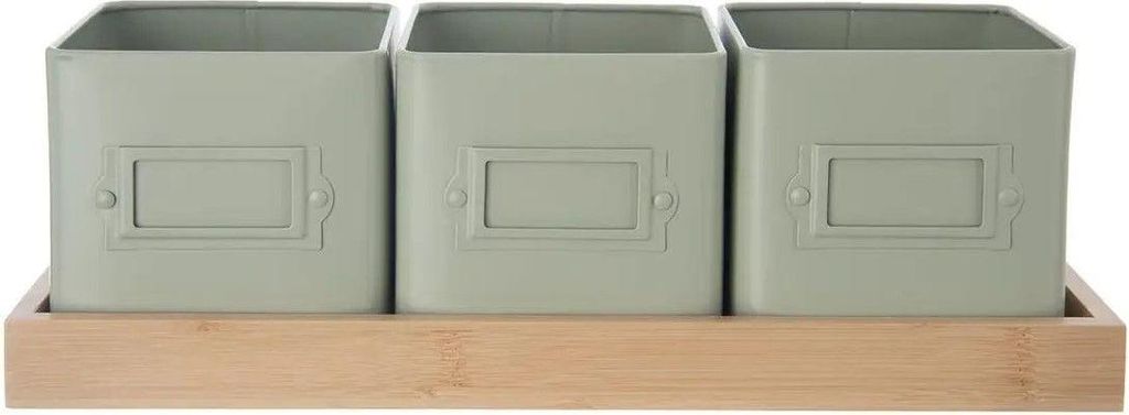 Three green square pots with label holders sit on a wooden tray.