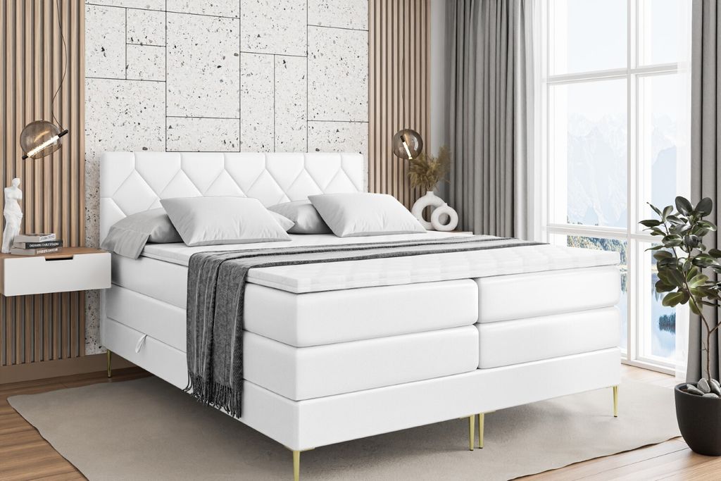 ALTDECOR Boxspringbett mit Gold Füßen, Matratze und Lattenrost, Topper, Polsterbett mit Bettkasten, Bett mit Stauraum H3- und H4- Matratze, Doppe...