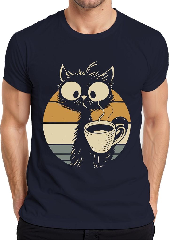 Katze mit Kaffee Kaffeetasse Niedliche Retro Sonnenuntergang Herren T-Shirt, Navy, S