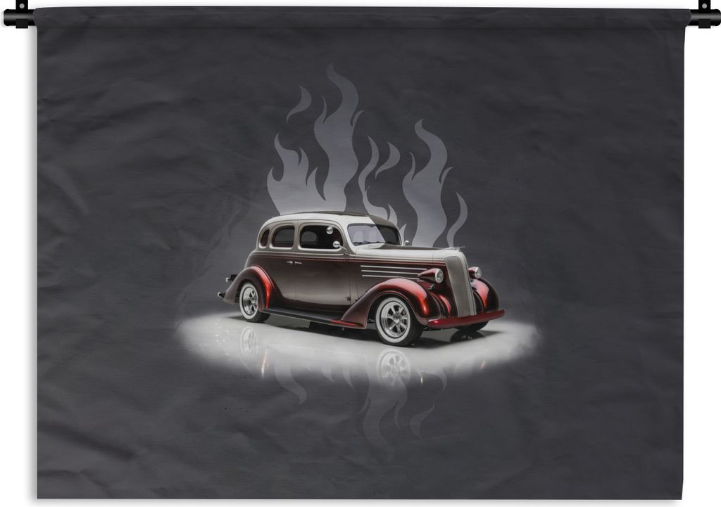 MuchoWow Wandteppich Wandbehang Auto - Schnee - Flammen - Vintage 120x90 cm Tapisserie Dekoration Wandtuch - Wohnen - Aufhänger für die Wand